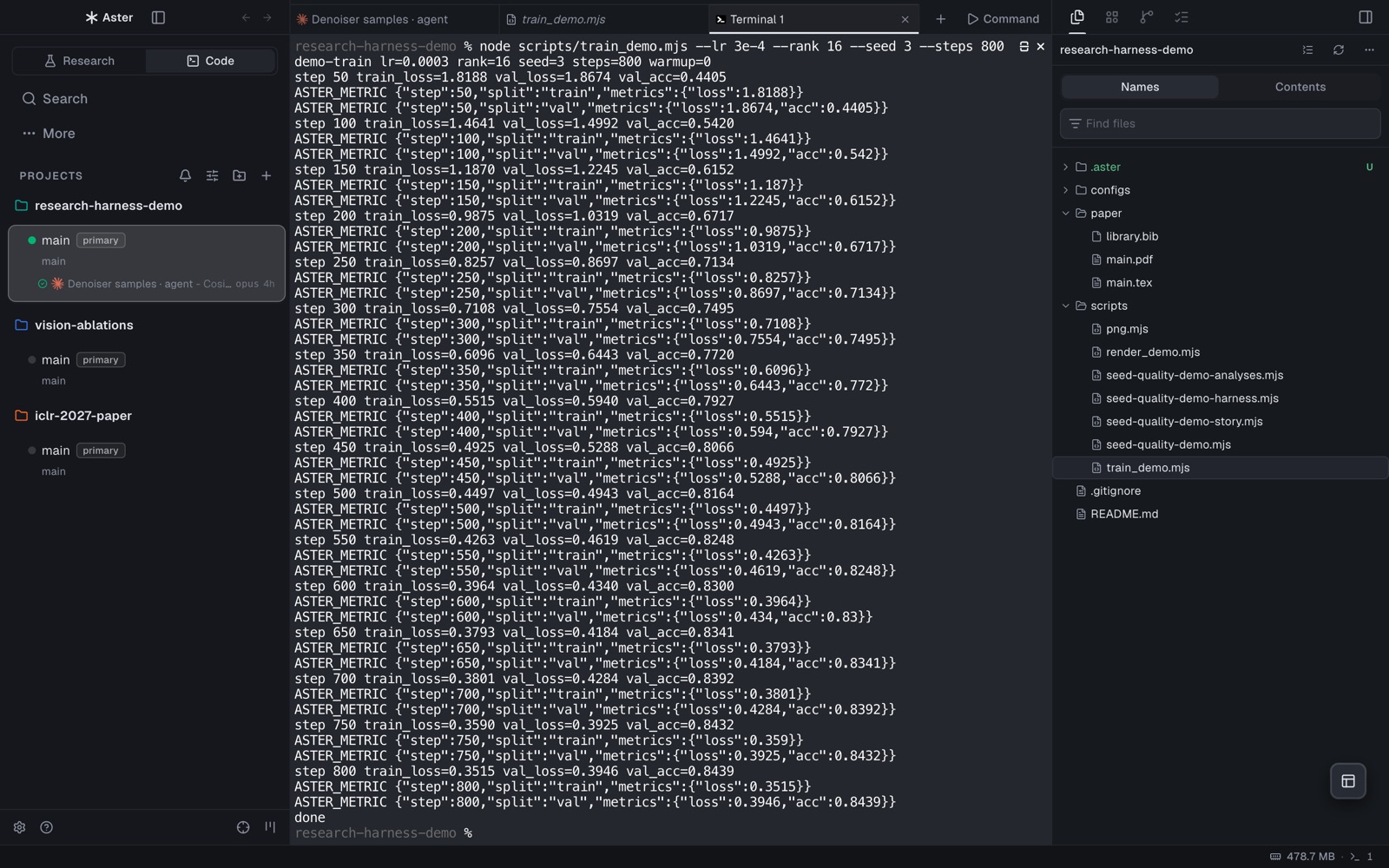 Code layout with worktrees in the sidebar, a terminal streaming training metrics, and the file tree