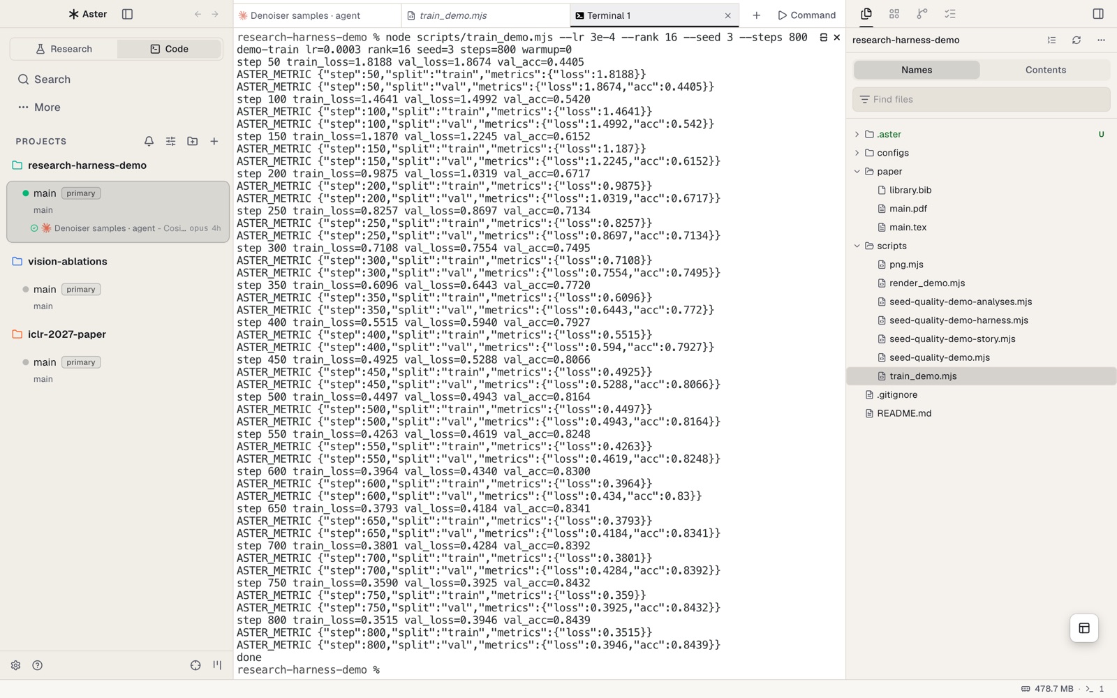 Code layout with worktrees in the sidebar, a terminal streaming training metrics, and the file tree