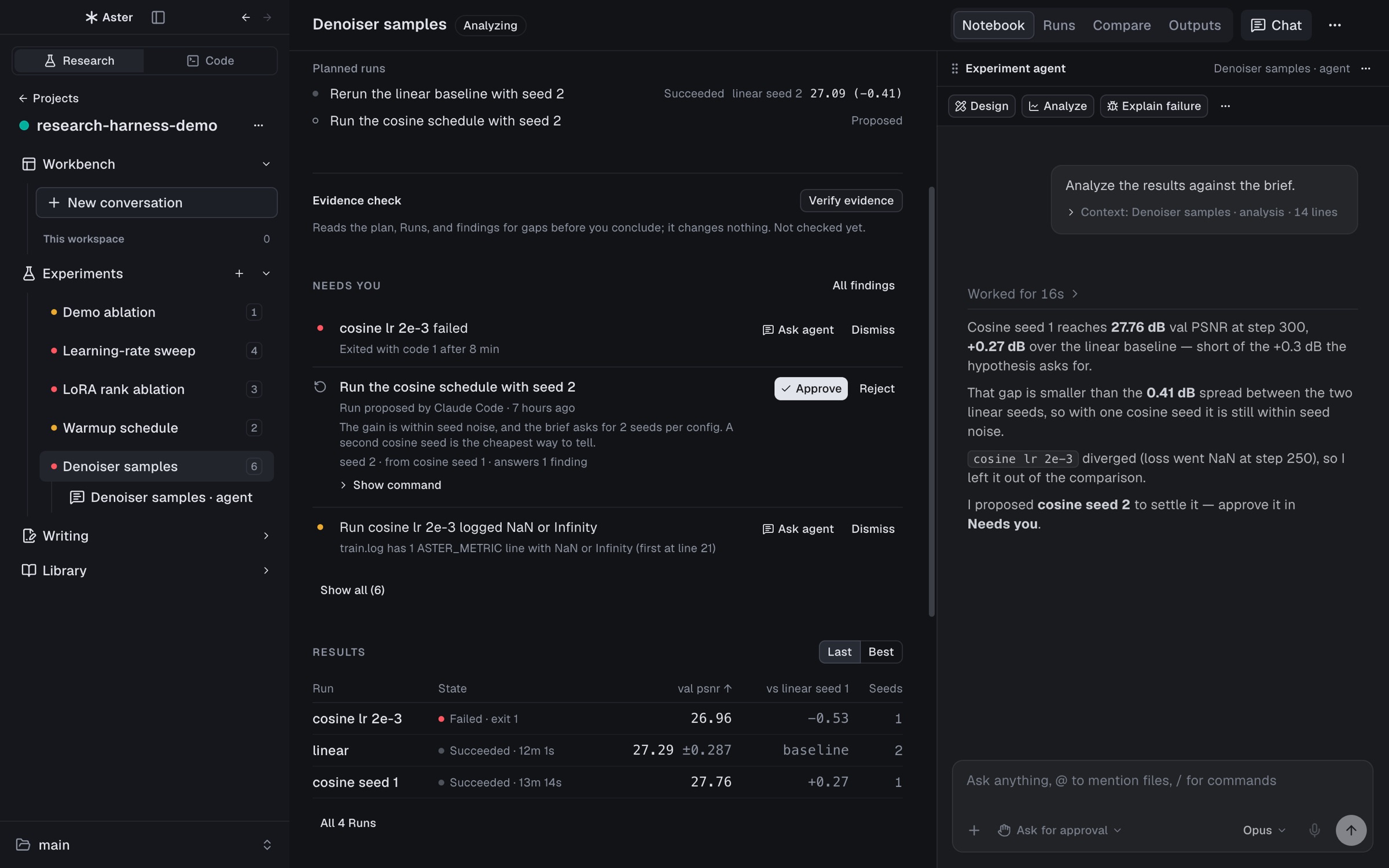 Aster with a research project open: the Experiment notebook in the middle, with planned Runs, a Needs you list and a results table, and the Experiment agent docked on the right