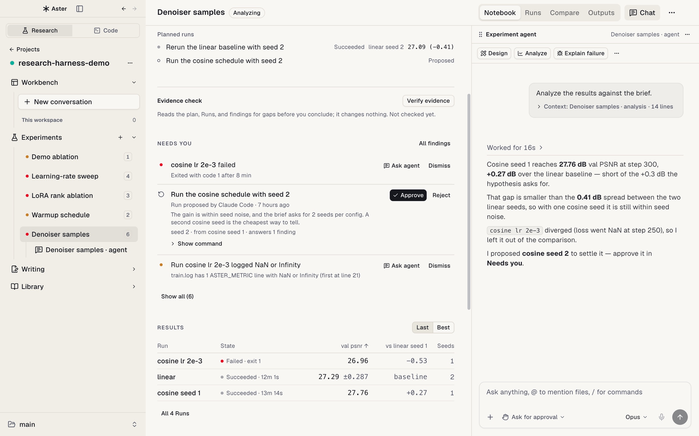 Aster with a research project open: the Experiment notebook in the middle, with planned Runs, a Needs you list and a results table, and the Experiment agent docked on the right