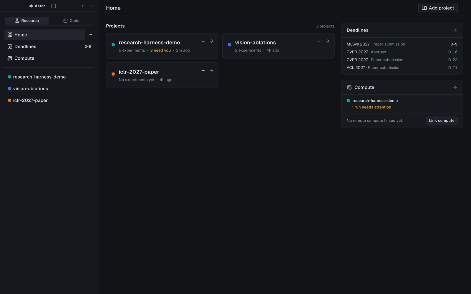 Aster home with projects, upcoming deadlines, and compute