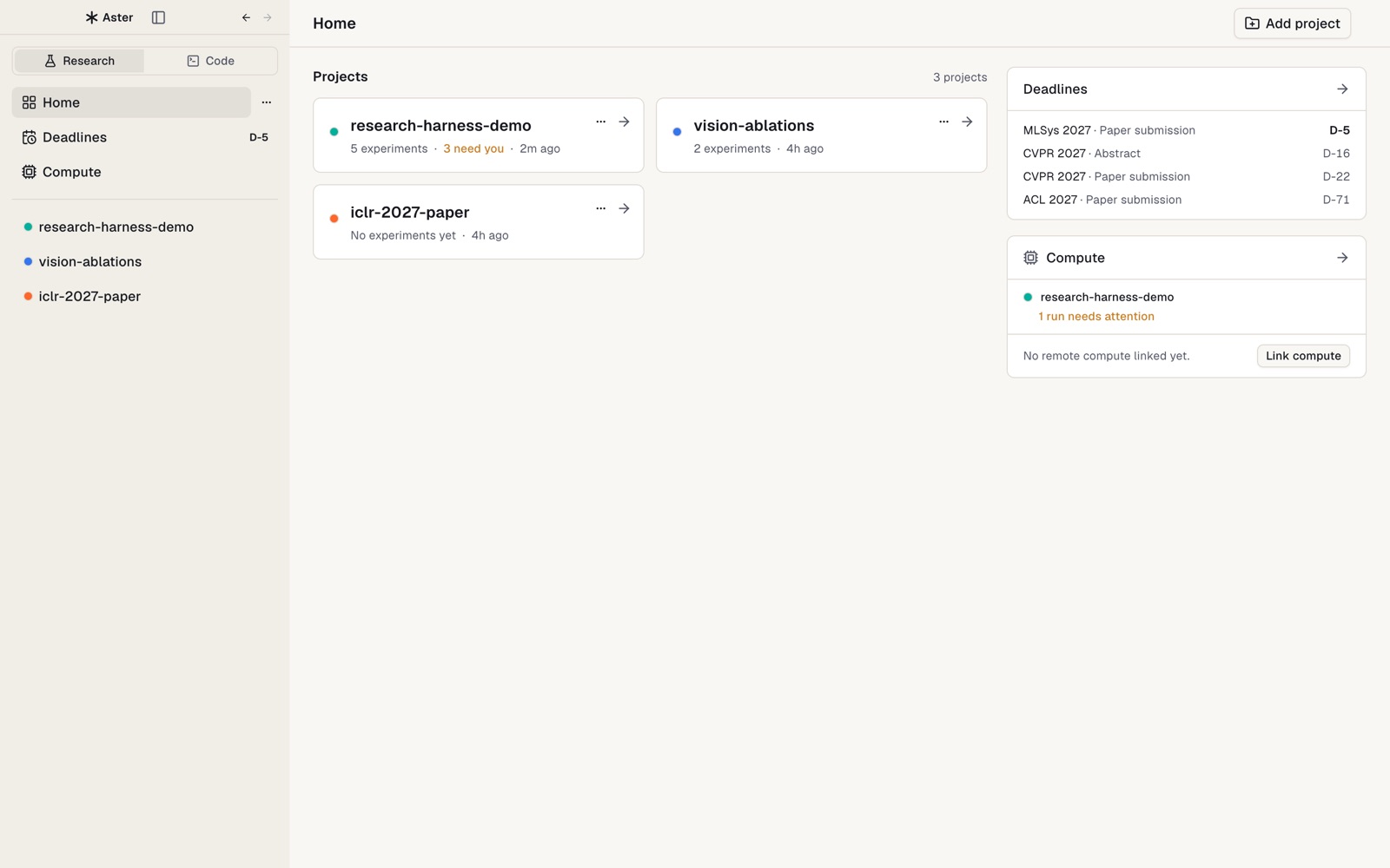 Aster home with projects, upcoming deadlines, and compute