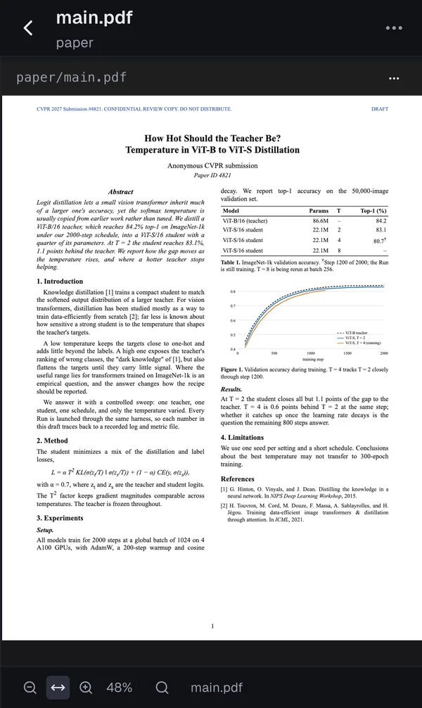 A paper PDF open on a phone from the Files tab: a one-page draft on distilling ViT-B into ViT-S