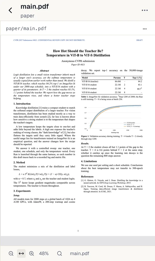 A paper PDF open on a phone from the Files tab: a one-page draft on distilling ViT-B into ViT-S