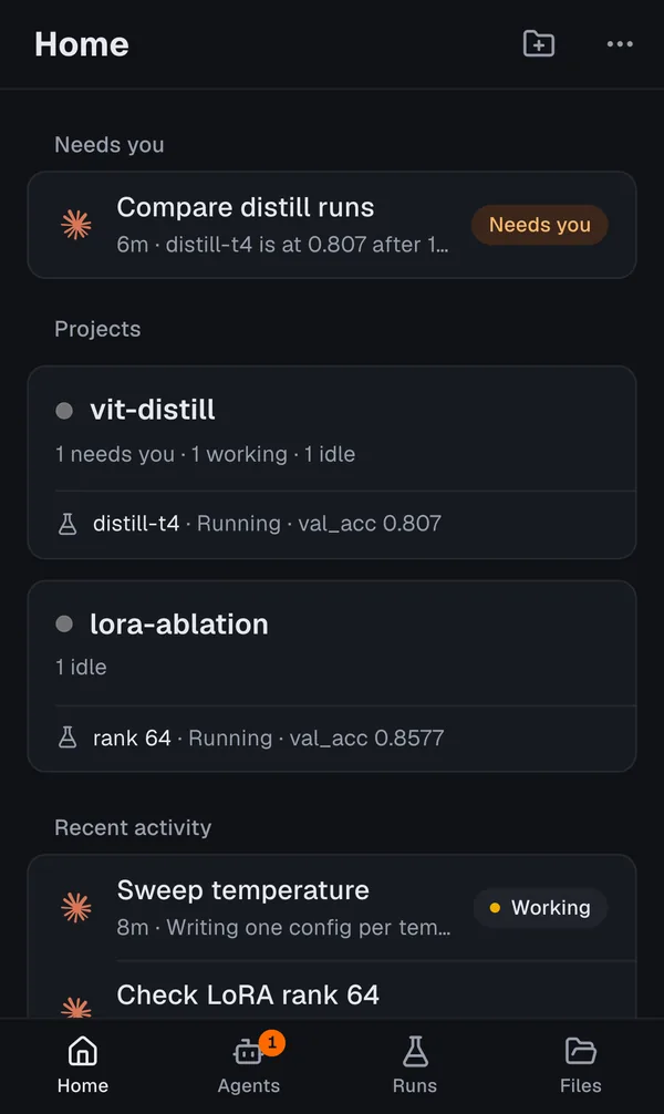 Aster on a phone, Home tab: the chat Compare distill runs marked Needs you, then the projects vit-distill and lora-ablation with their running Runs, and recent activity