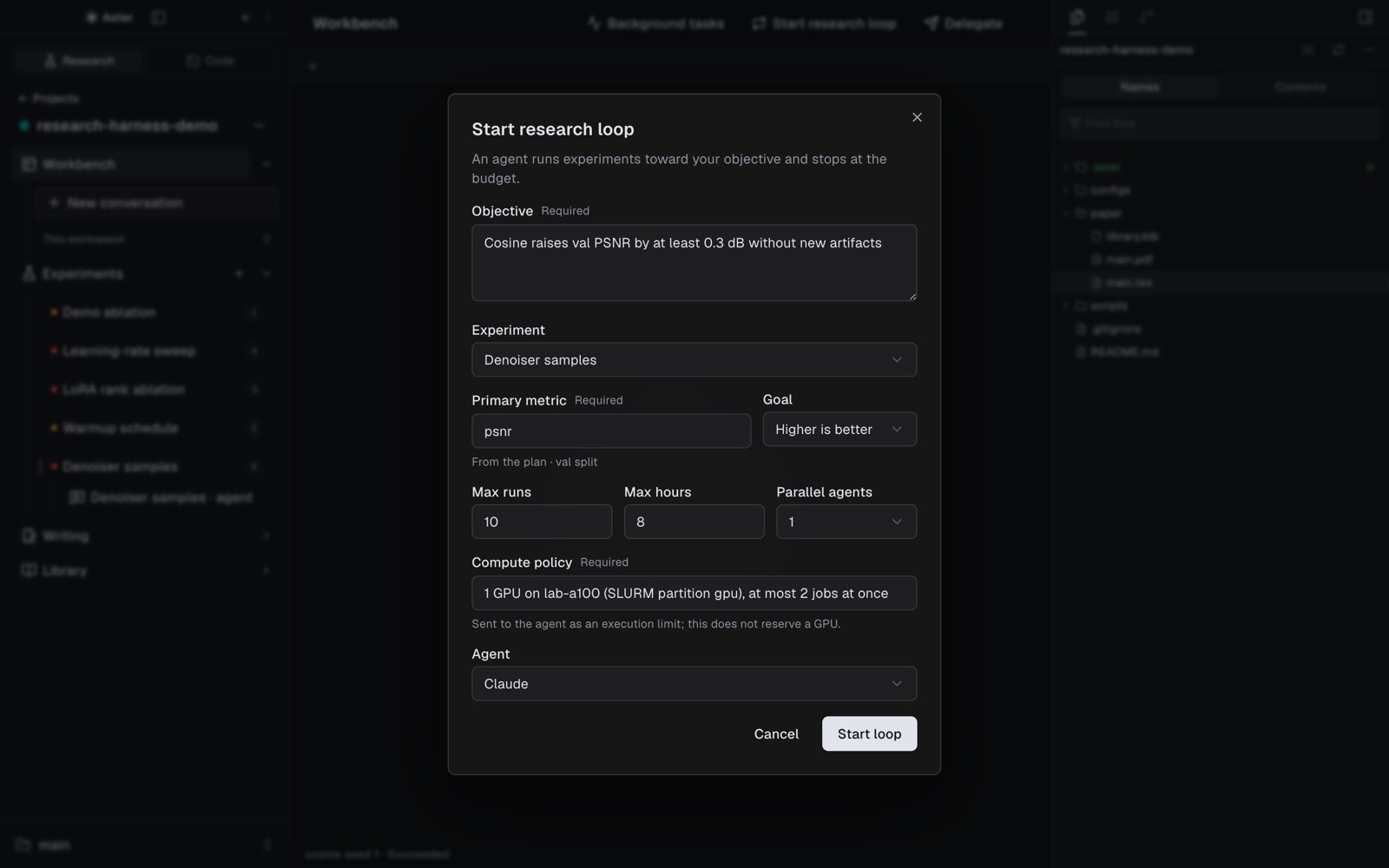 Start research loop dialog with an objective, a metric, and a budget