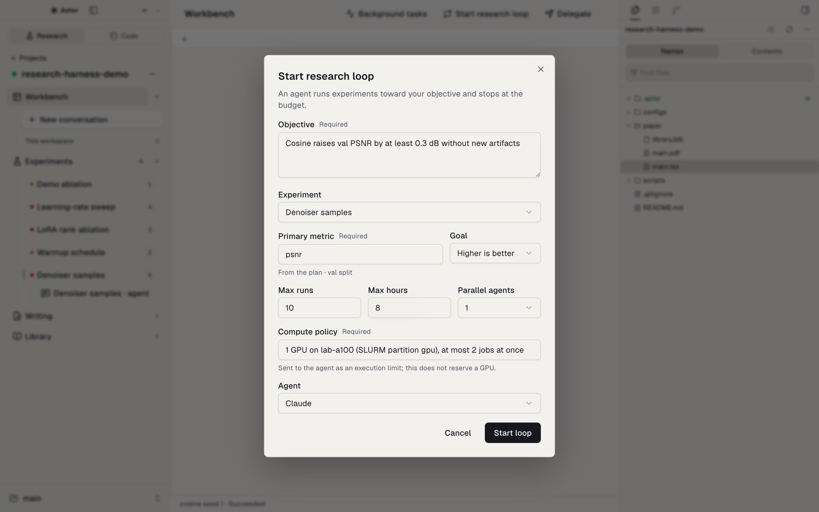 Start research loop dialog with an objective, a metric, and a budget